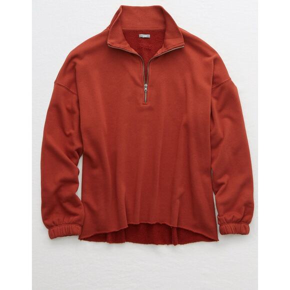 Aerie Burnt Red Sunday Soft Quarter Zip Collar Raw Hem Pullover Sweater XS - Picture 1 of 7